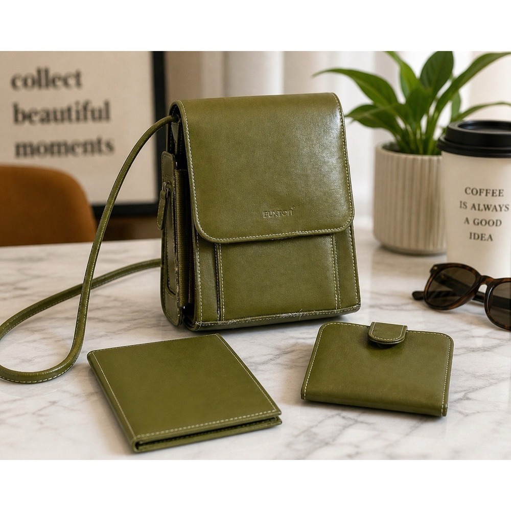 Vintage Buxton Olive Green Leather Crossbody Organizer Bag 3pc Set Retro Small